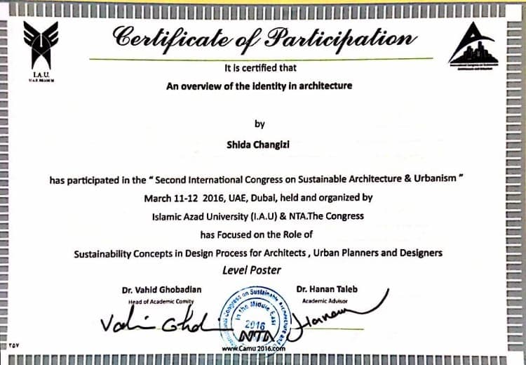 Certificate of participation, poster, Second International Congress on Sustainable Architecture and Urbanism, Dubai 2016